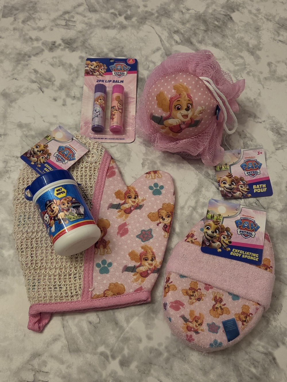 PAW Patrol Kids Pink Bath Set with Mitt, Sponge, Pouf, Lip Balm & Wet Wipes